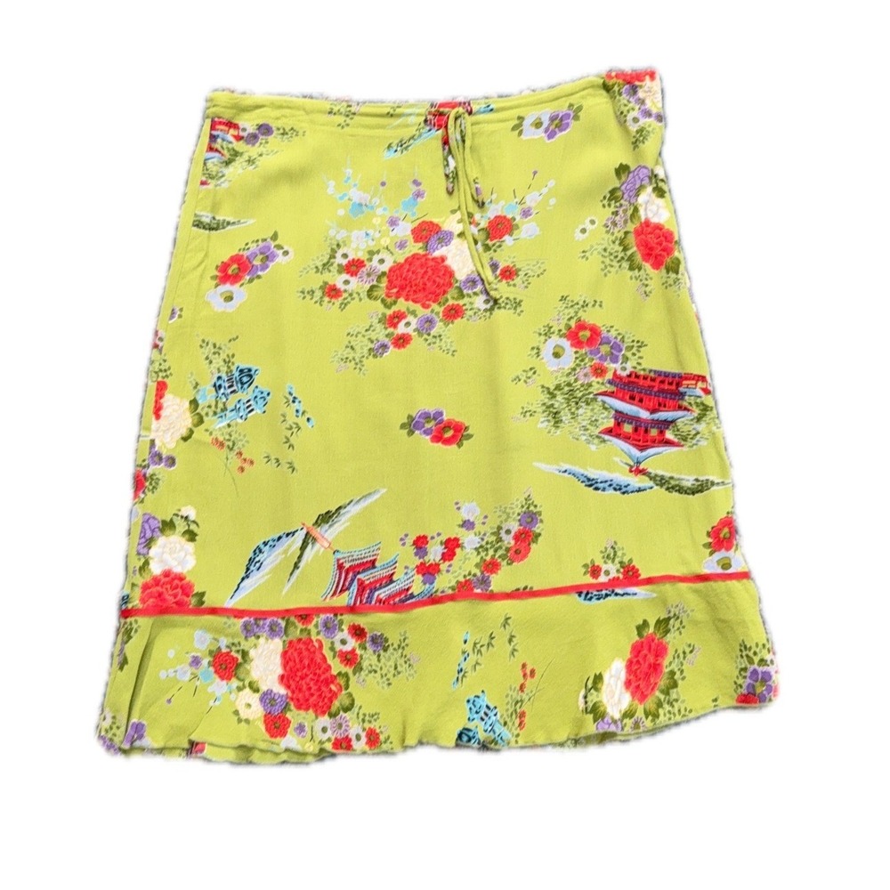 Lucy Love‎ 90's Y2K Green Floral Print Midi Rayon Asian Skirt Waist Ruffle USA